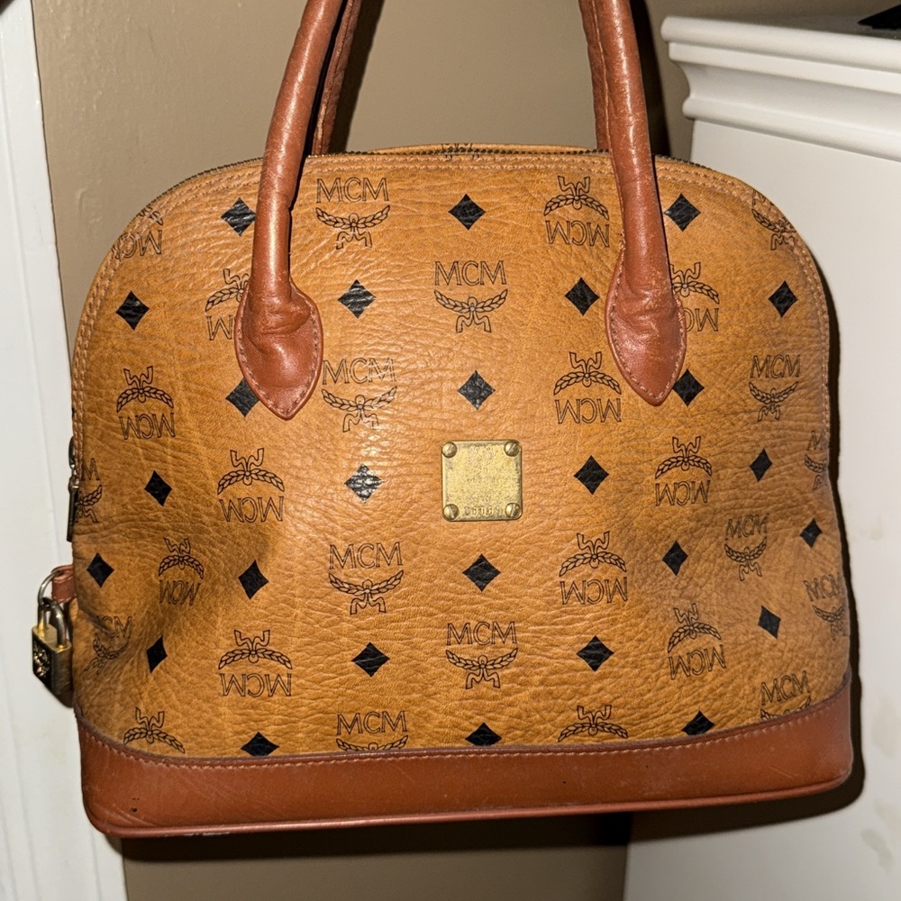 MCM Cognac Leather Satchel with Logo Print authentic